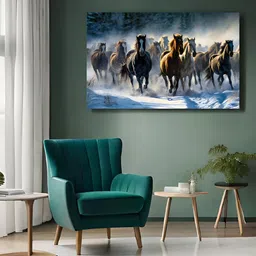 RANGOLI White & Blue Seven Running Horses Canvas Painting Wall Art image 3