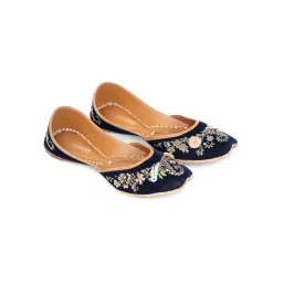 GLAM STORY Deryn Handcrafted Velvet Dabka Work Leather Navy Blue Punjabi Jutti-picture-33