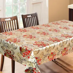 Dakshya Industries Silver-Toned & Red Floral Waterproof Plastic 6-Seater Table Cover-55