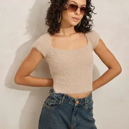 SHOWOFFFF Self Design Square Neck Crop Top-25