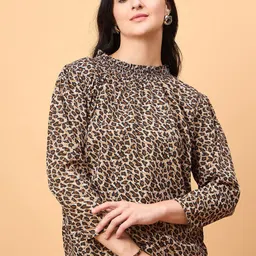 NEESH Animal Print Puff Sleeve Crepe Blouson Top-41
