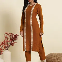 BUDAPEST Women Woven Design Round Neck Regular Pure Wool Kurta with Trousers-picture-35