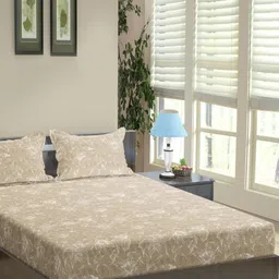 Trance Home Linen Beige Floral Printed Cotton 144 TC Fitted King Bedsheet Set 1.98m x 92Cm-image-95