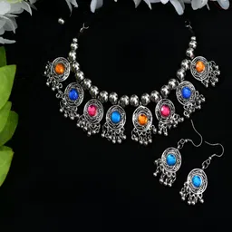 JOHARKAMAL Silver-Plated Stones Studded & Ghungroo Beaded Choker Necklace And Earrings-picture-33