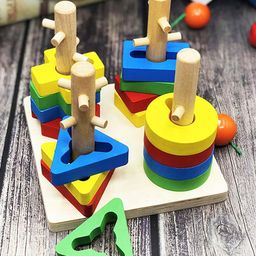 Yamama Preschool Geometric Wooden Shape Sorter Toy - Multicolur-22