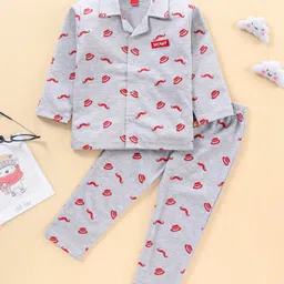 Wow Full Sleeves Pyjama Set Mustache And Hat Print - Grey-picture-23