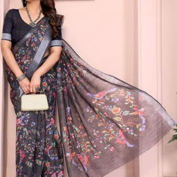 vj fashion Black Linen Blend Printed Sarees-19