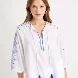 Koton Women Mandarin Collar Cotton A-Line Top-image-44