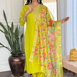 KALINI Women Embroidered Regular Kurta with Trousers & With Dupatta-image-10