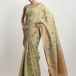 Janasya Women Light Green Linen Blend Floral Woven Design Saree with Blouse Piece-image-43