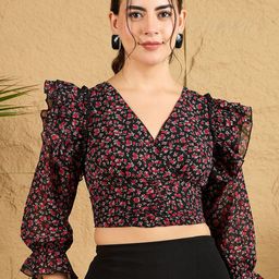 Berrylush Women Floral Printed Puff Sleeve Ruffles Crop Top-image-90