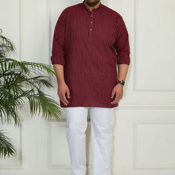 VASTRAMAY Plus Size Striped Band Collar Pure Cotton Short Kurta With Trouser-11