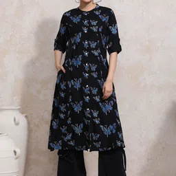 Moara Butterfly Printed Mandarin Collar Rolled-Up Sleeves A-Line Kurta-picture-14