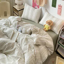 JC HOME Green Striped Polycotton 3 Piece Single Regular Bedding Set-image-79