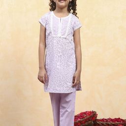 Biba Girls Floral Printed Round Neck Pure Cotton Straight Kurta With Trousers-picture-43