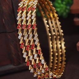 SGA FASHION Set Of 4 Gold-Plated American Diamond Stones Studded Bangles-15