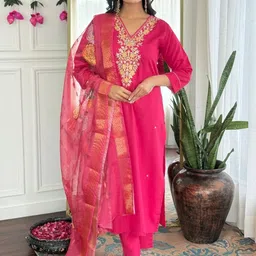 URMIR FASHION Women Floral Embroidered Regular Thread Work Kurta with Trousers & With Dupatta-picture-17