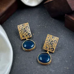 NAMAN ARTS Gold Plated Artificial Stones Studded Oxidised Square Shaped Drop Earrings-image-80