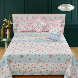 MORADO White & Blue Floral Polycotton 7 Piece Double Queen Superfine Bedding Set-24