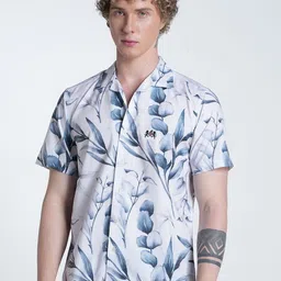 Double Two Relaxed Slim Fit Leaf Printed Resort Collar Chambray Weave Cotton Shirt-image-43