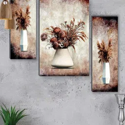 SAF Beige & Brown 3Pcs Preety Flower Pot UV Textured Self Adeshive Frame Painting Wall Art-picture-0