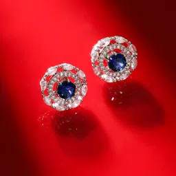 Priyaasi Silver-Plated American Diamond Studded Floral Brass Studs Earrings-16