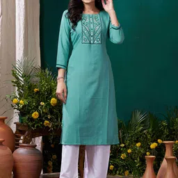 DIVASTRI Women Floral Embroidered Regular Gotta Patti Pure Cotton Kurta with Trousers-image-65