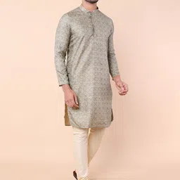 NAMASKAR Geometric Printed Mandarin Collar Silk Straight Kurta-picture-15