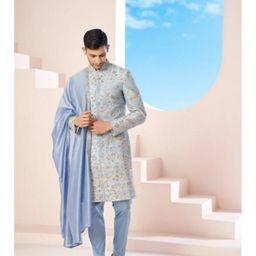HILO DESIGN Embroidered Pure Silk Luxavia Sherwani Set-image-58