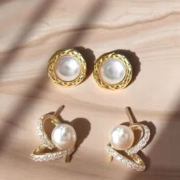 KRENOZ Set Of 2 Gold-Plated Pearls Beaded Circular Shaped Studs-9
