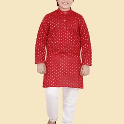 Ethniks Neu-Ron Boys Woven Design Band Collar Cotton Silk Straight Kurta With Pyjamas-image-37