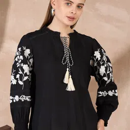 all about you Women Solid Embroidered Tie-Up Neck Top-image-6