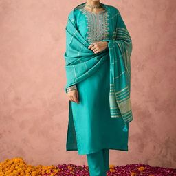 KALINI Ethnic Motifs Embroidered Straight Kurta With Trousers & Dupatta-34