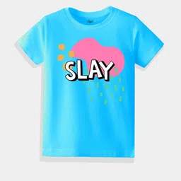KAVEE Pure Cotton Half Sleeves Slay Text Printed Bio Washed Tee - Sky Blue-13