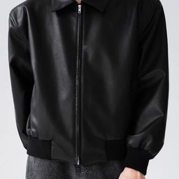 HERE&NOW Men Spread Collar Solid Leather Casual Leather Jacket-image-81