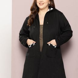 Qurvii+ Plus Size Fleece Longline Open Front Hooded Jacket with Patchwork-5