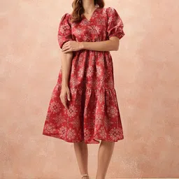 all about you Ethnic Motifs Print Puff Sleeves Wrap-Style Dress-image-63