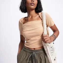 glitchez Ribbed Statement Textured Pleated Crop Top-image-13
