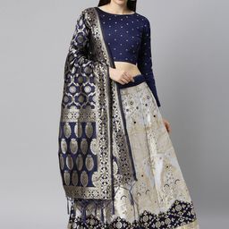 DIVASTRI White & Gold-Toned Semi-Stitched Lehenga & Unstitched Blouse With Dupatta-41