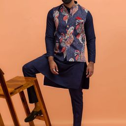KISAH Straight Kurta with Trousers & Printed Nahru Jacket-image-94