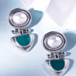 Rubans Rhodium Plated Statement Drop Earrings with Green Stone & Pearl Detailing-26