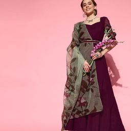 Inddus Women Wine Self Design Anarkali Kurta with Printed Organza Dupatta-picture-13