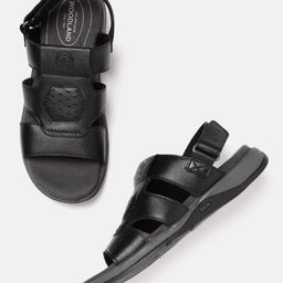 Woodland Men Black Leather Comfort Sandals with Laser Cut Detail-image-62