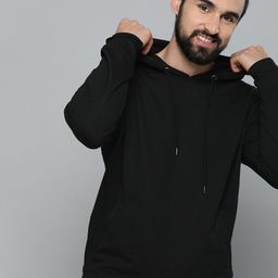HERE&NOW Men Black Solid Knitted Hooded Sweatshirt-image-34