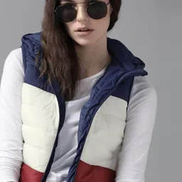 Roadster Women Navy Blue & White Colourblocked Hooded Padded Jacket-image-15