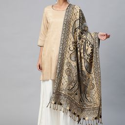 WEAVERS VILLA Women Beige & Black Paisley Woven Design Stole-picture-6