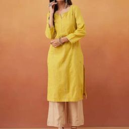Fabindia Yellow Cotton Blend Embroidered Knee Length Kurta-image-60