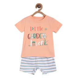 MINIKLUB Boys Peach & White Graphic Print T-Shirt with Shorts-picture-9