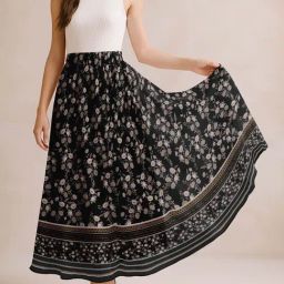 Moomaya Black & Taupe Regular Fit Floral Skirt-picture-12