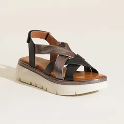 Peach Flores Printed Leather Flatform Sandals-34